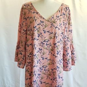 Belongsci Womens Dress Size XL Pink Floral V-Neck 3/4 Ruffled Bell Sleeve NWT